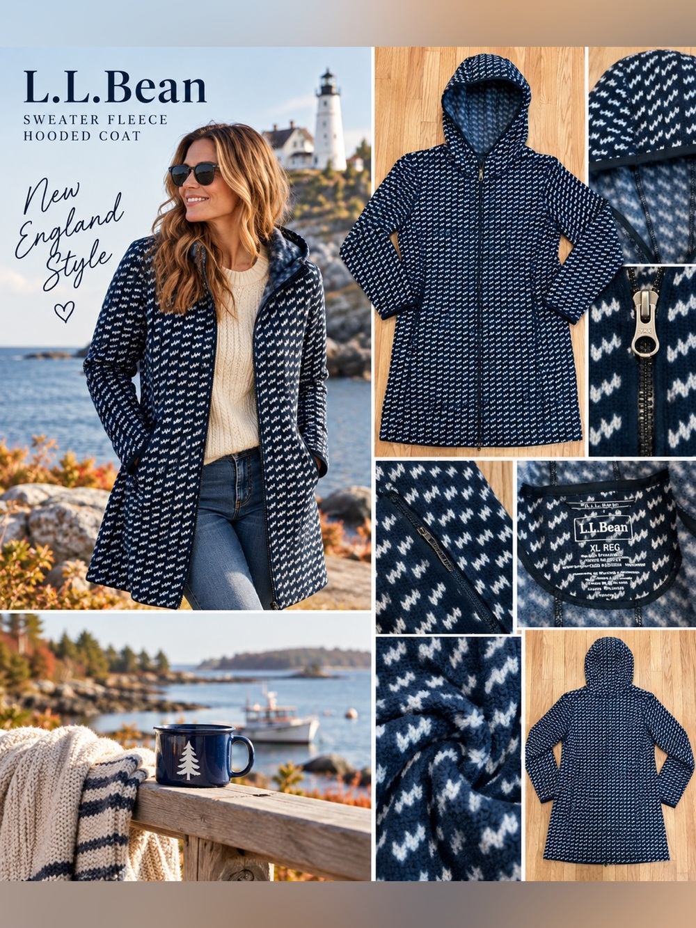 L.L.Bean Navy Birdseye Sweater Fleece Hooded Coat Women’s XL
